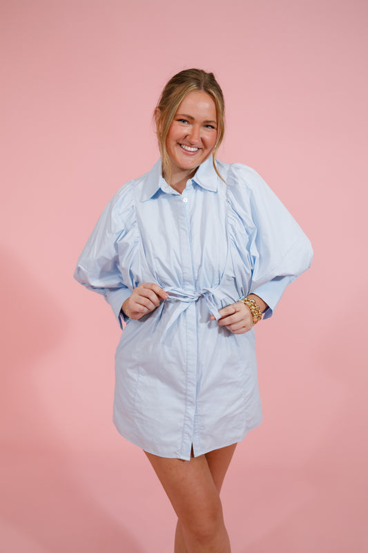 Soft Blue Collar Tie Waist Dress