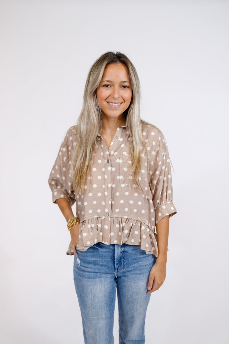 Sand Polka Dot Ruffle Hem Top
