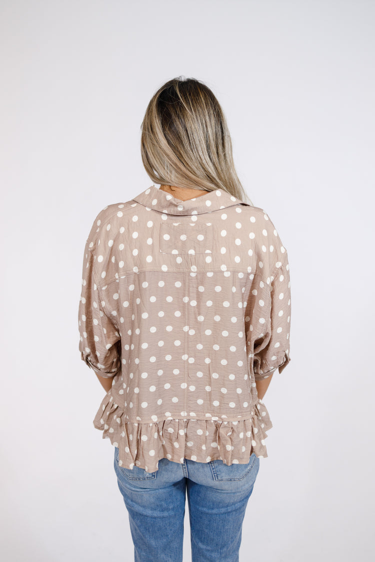 Sand Polka Dot Ruffle Hem Top