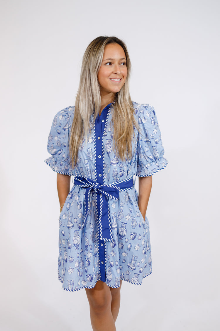 Blue Jar Patterned Tie Dress