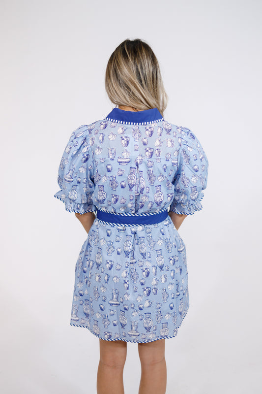 Blue Jar Patterned Tie Dress