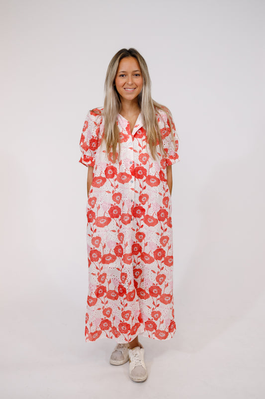 Red Floral Button Down Eyelet Midi Dress
