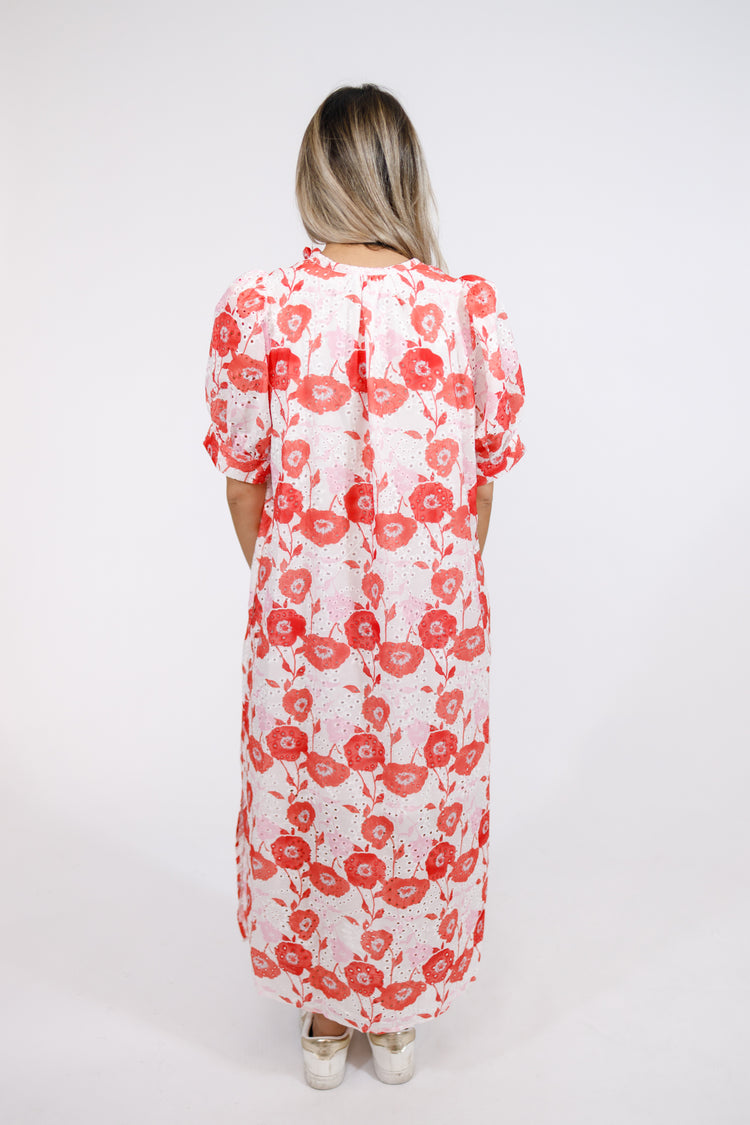 Red Floral Button Down Eyelet Midi Dress