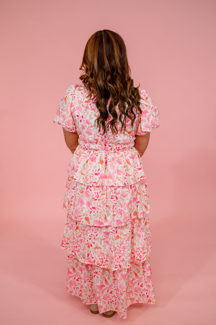 Pink Floral Tiered Ruffle Maxi Dress
