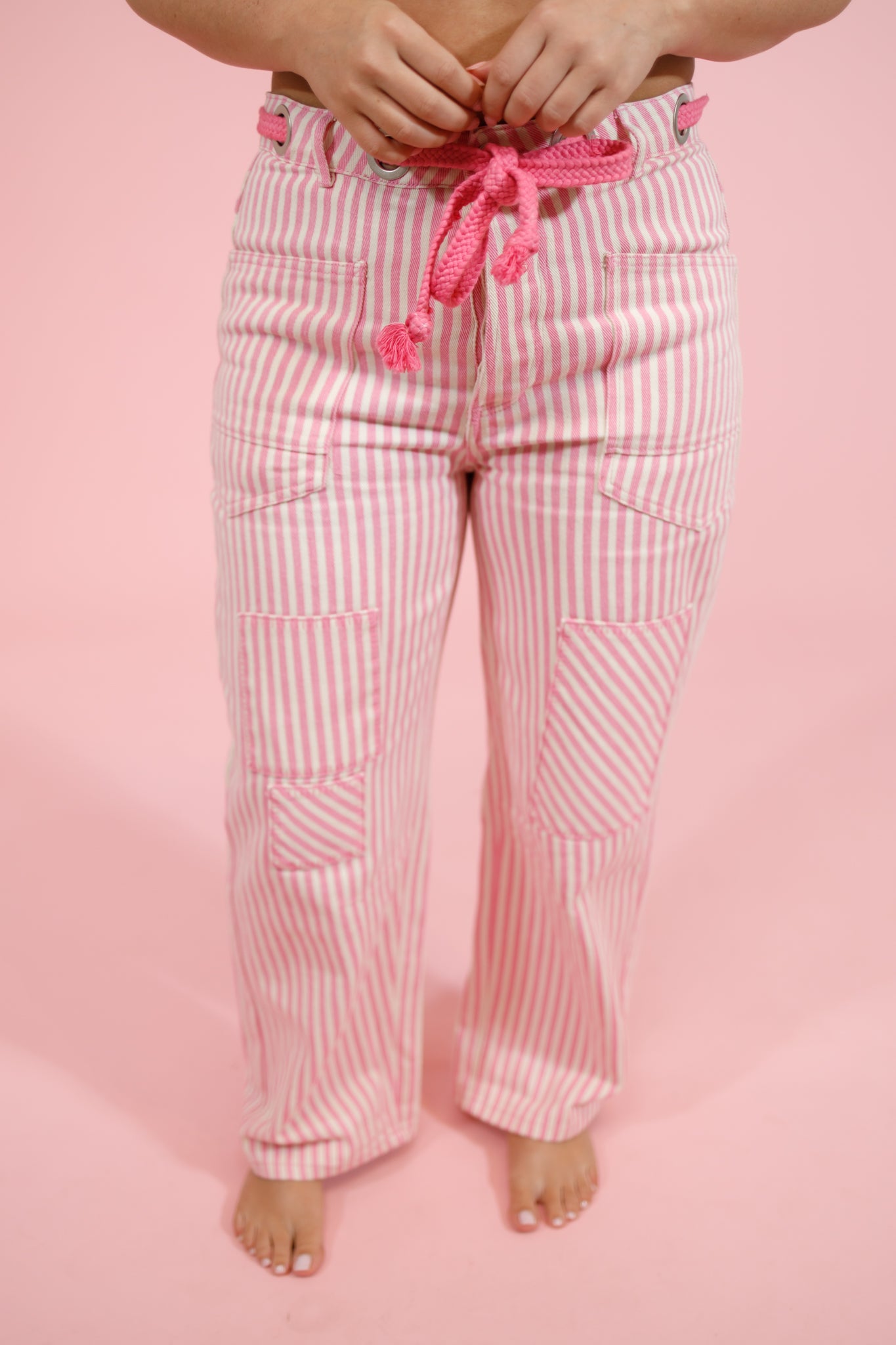 Pink Stripe Drawstring Barrel Pants Jaxe + Grace Boutique