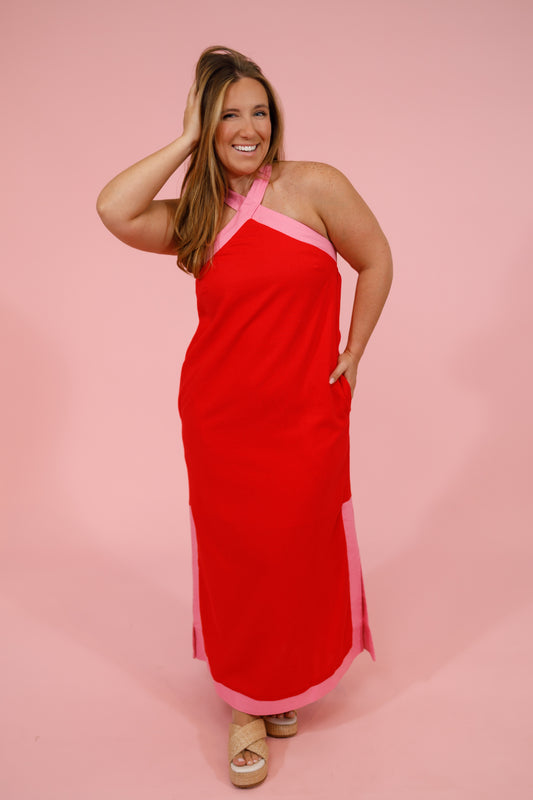Red and Pink Halter Neck Midi Dress Jaxe + Grace Boutique