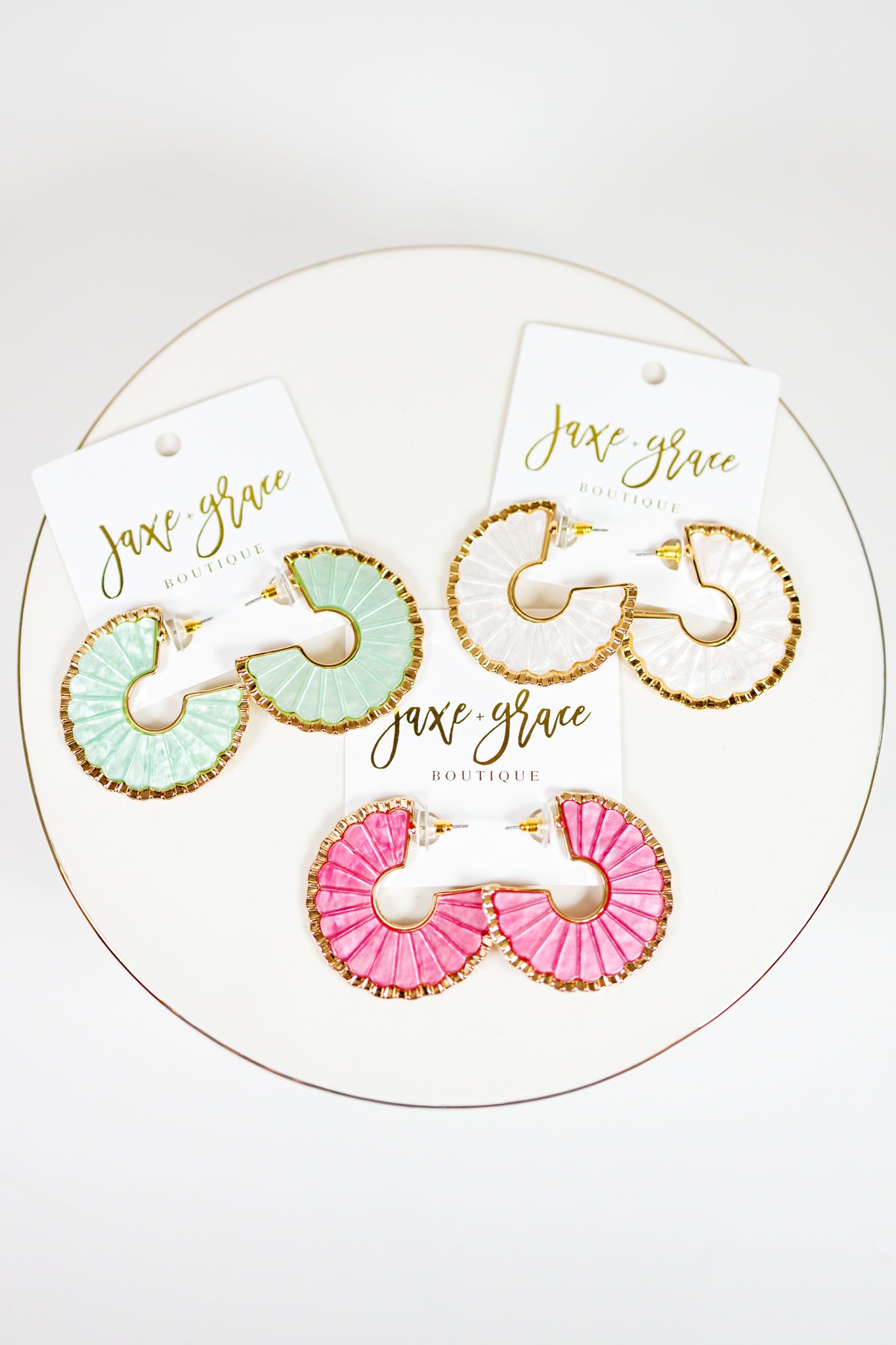 Decorated Fan Shape Resin Hoops Jaxe + Grace Boutique