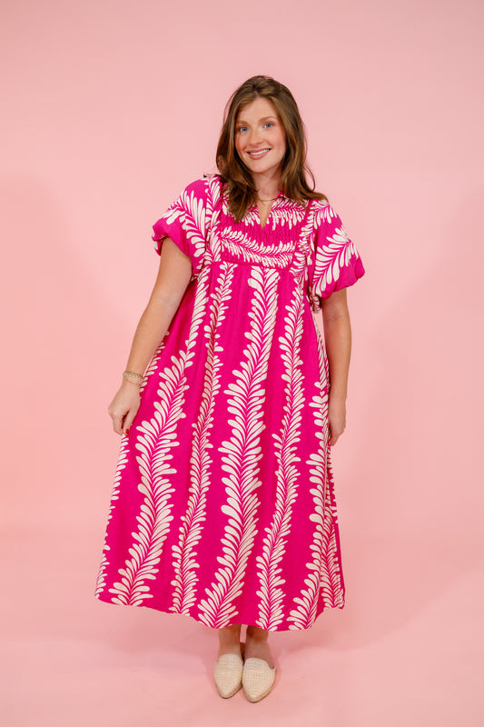 Fuchsia Pattern Puff Sleeve Midi Dress Jaxe + Grace Boutique