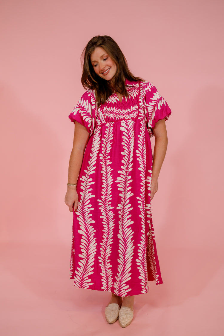 Fuchsia Pattern Puff Sleeve Midi Dress