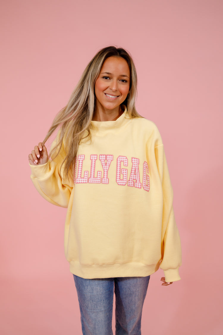 Yellow "Dilly Dally" and "Lolly Gag" Reversible Mock Neck Sweatshirt