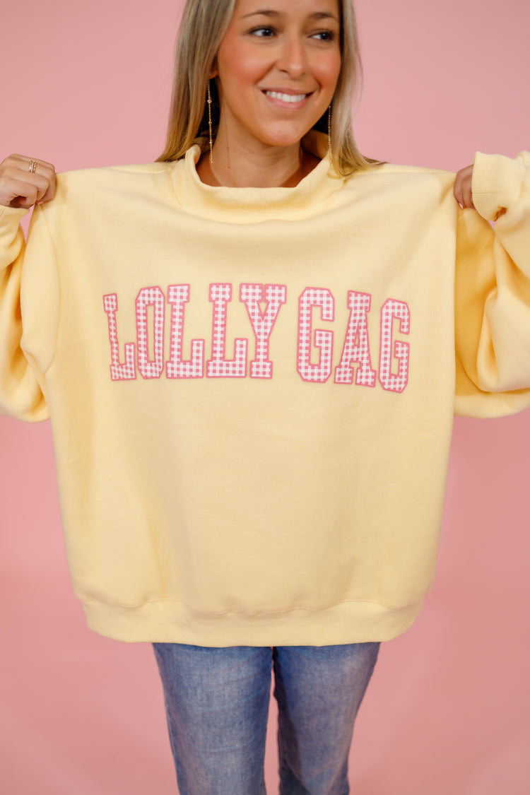 Yellow "Dilly Dally" and "Lolly Gag" Reversible Mock Neck Sweatshirt
