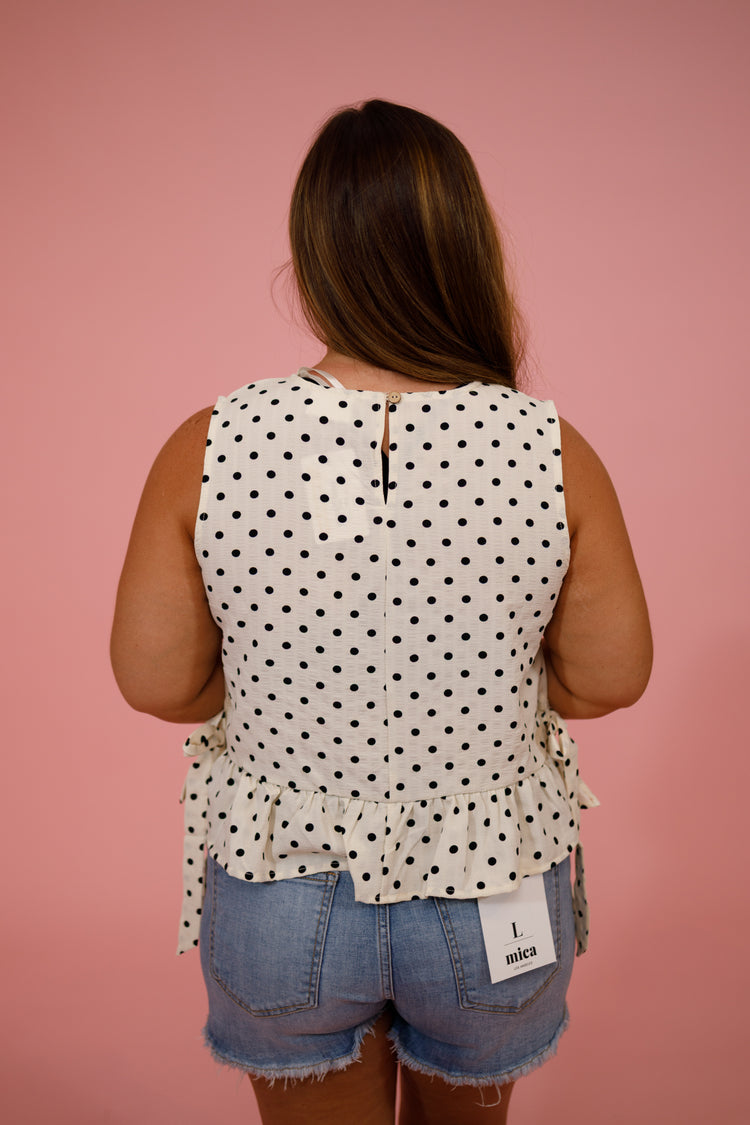 Off White Polka Dot Side Tie Ruffle Top Jaxe + Grace Boutique