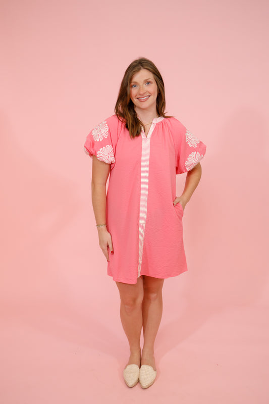 Pink Textured Embroidered Sleeve Dress Jaxe + Grace Boutique