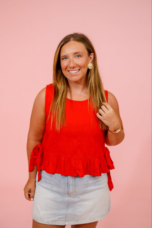 Red Side Tie Ruffle Top Jaxe + Grace Boutique