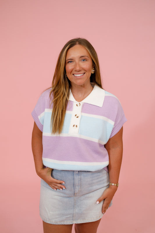 Blue and Lavender Stripe Button Collar Top Jaxe + Grace Boutique