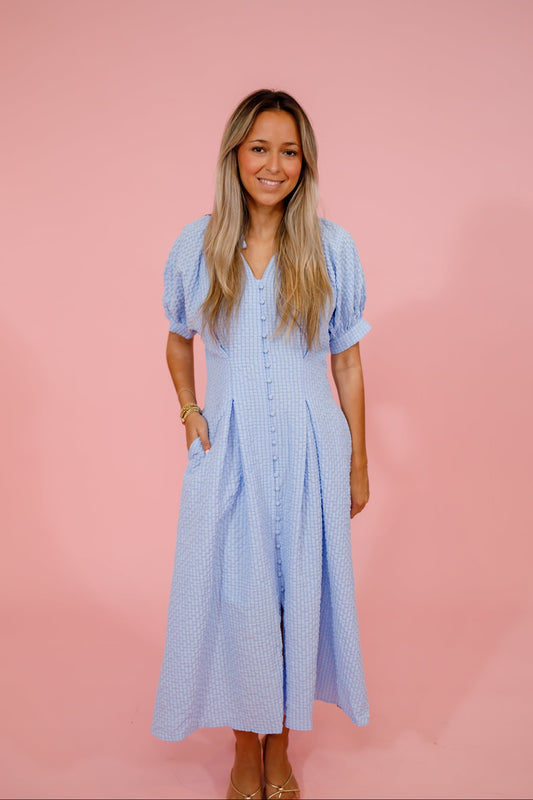 Blue Seersucker Pleated Midi Dress