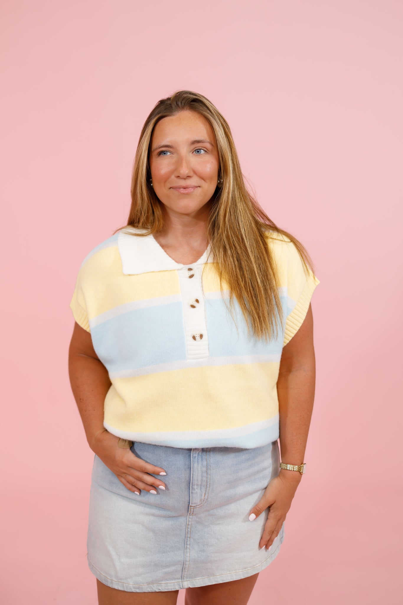Yellow and Blue Stripe Button Collar Top Jaxe + Grace Boutique