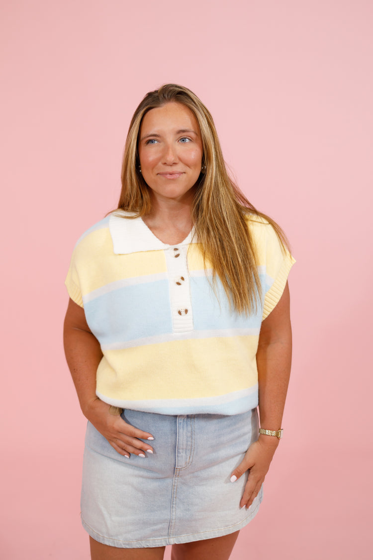 Yellow and Blue Stripe Button Collar Top Jaxe + Grace Boutique