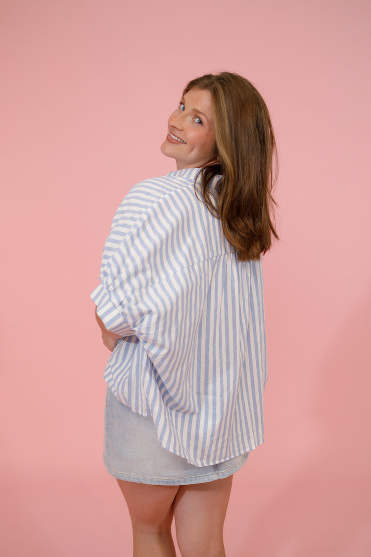 Button Down Stripe Oversized Boxy Top, LT BLUE Jaxe + Grace Boutique