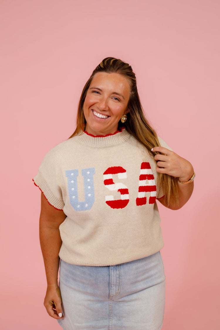 Oatmeal "USA" Patchwork Sweater Top