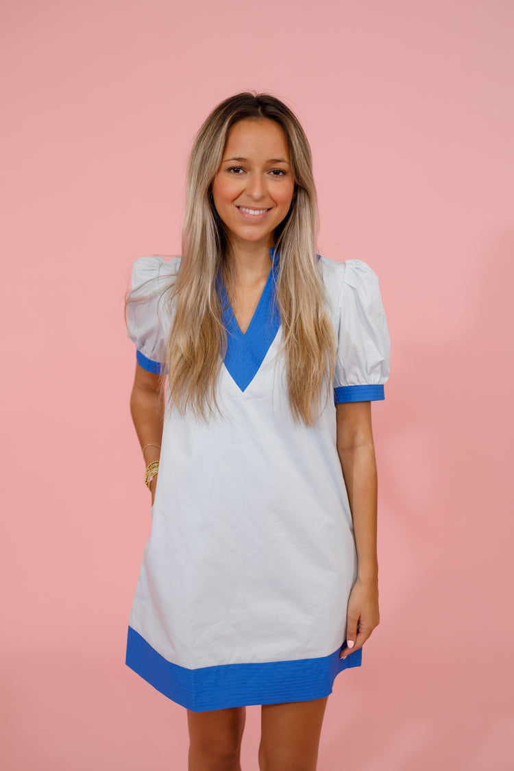 Blue Contrast Quilted Trim Dress Jaxe + Grace Boutique