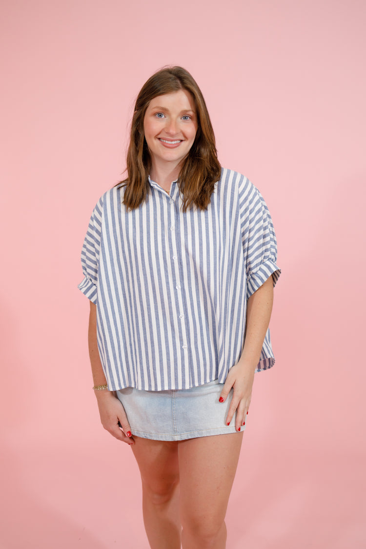 Button Down Stripe Oversized Boxy Top, NAVY Jaxe + Grace Boutique