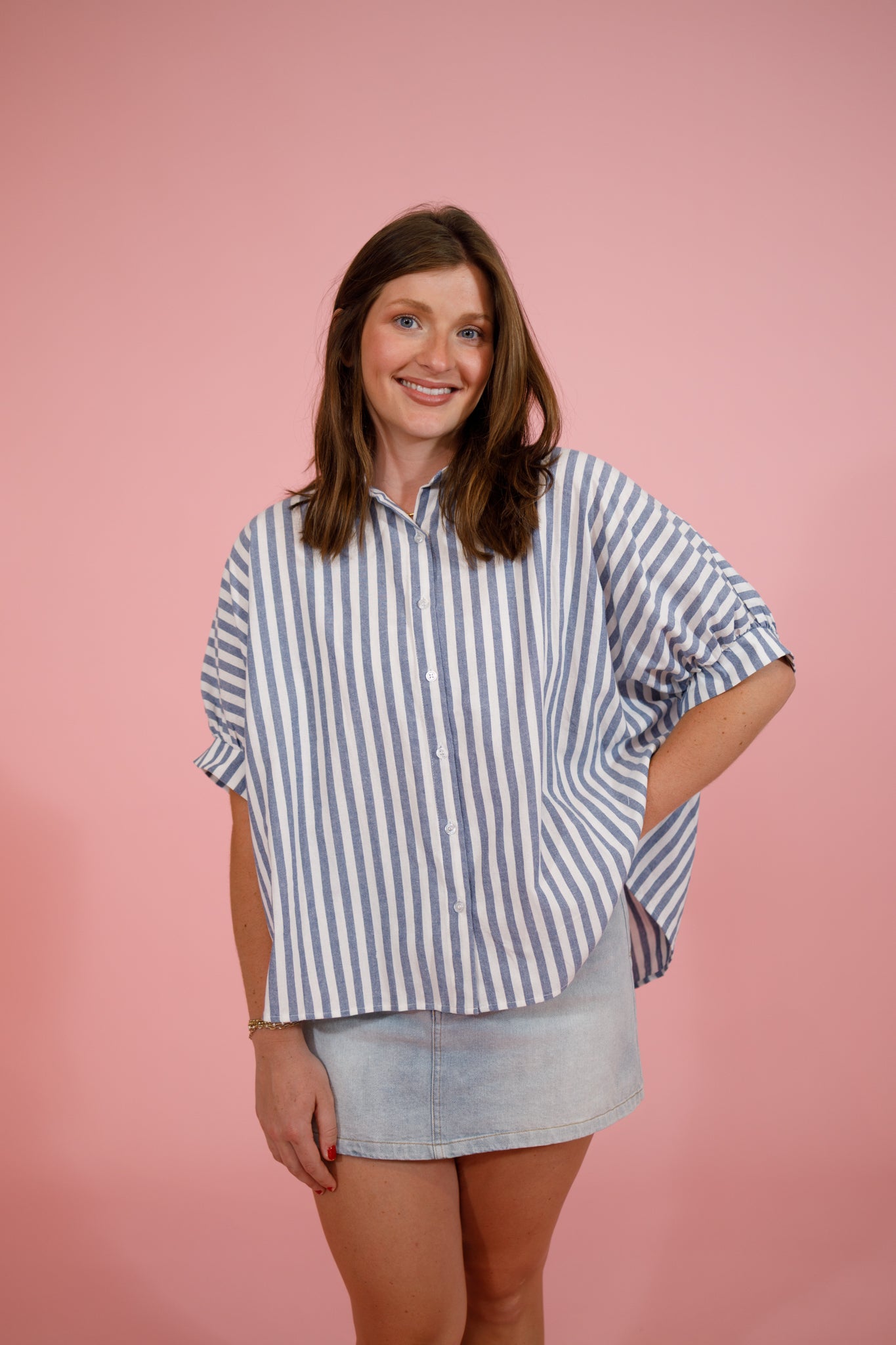 Button Down Stripe Oversized Boxy Top, NAVY Jaxe + Grace Boutique