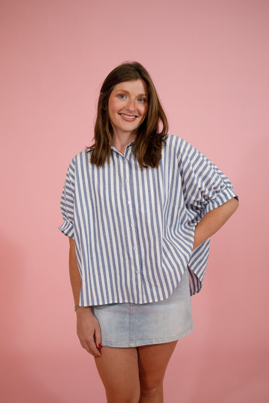 Button Down Stripe Oversized Boxy Top, NAVY Jaxe + Grace Boutique