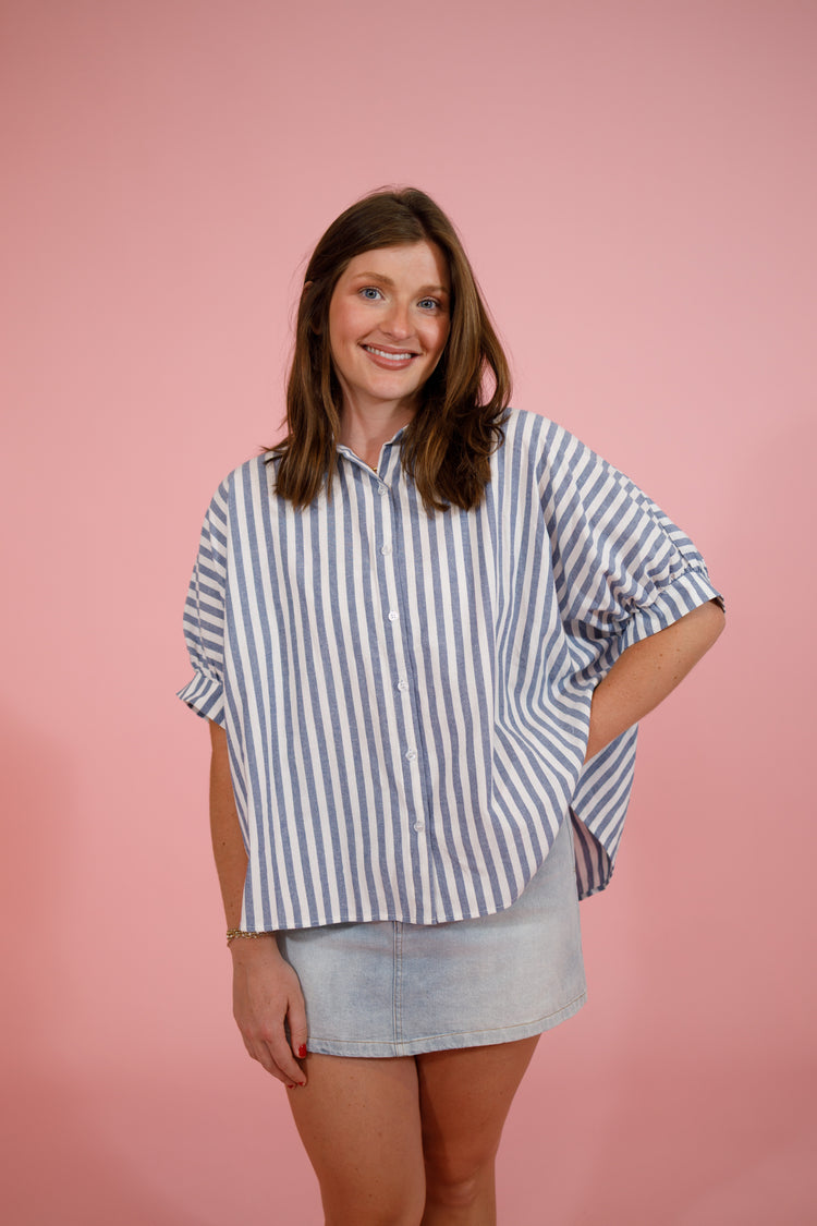Button Down Stripe Oversized Boxy Top, NAVY Jaxe + Grace Boutique