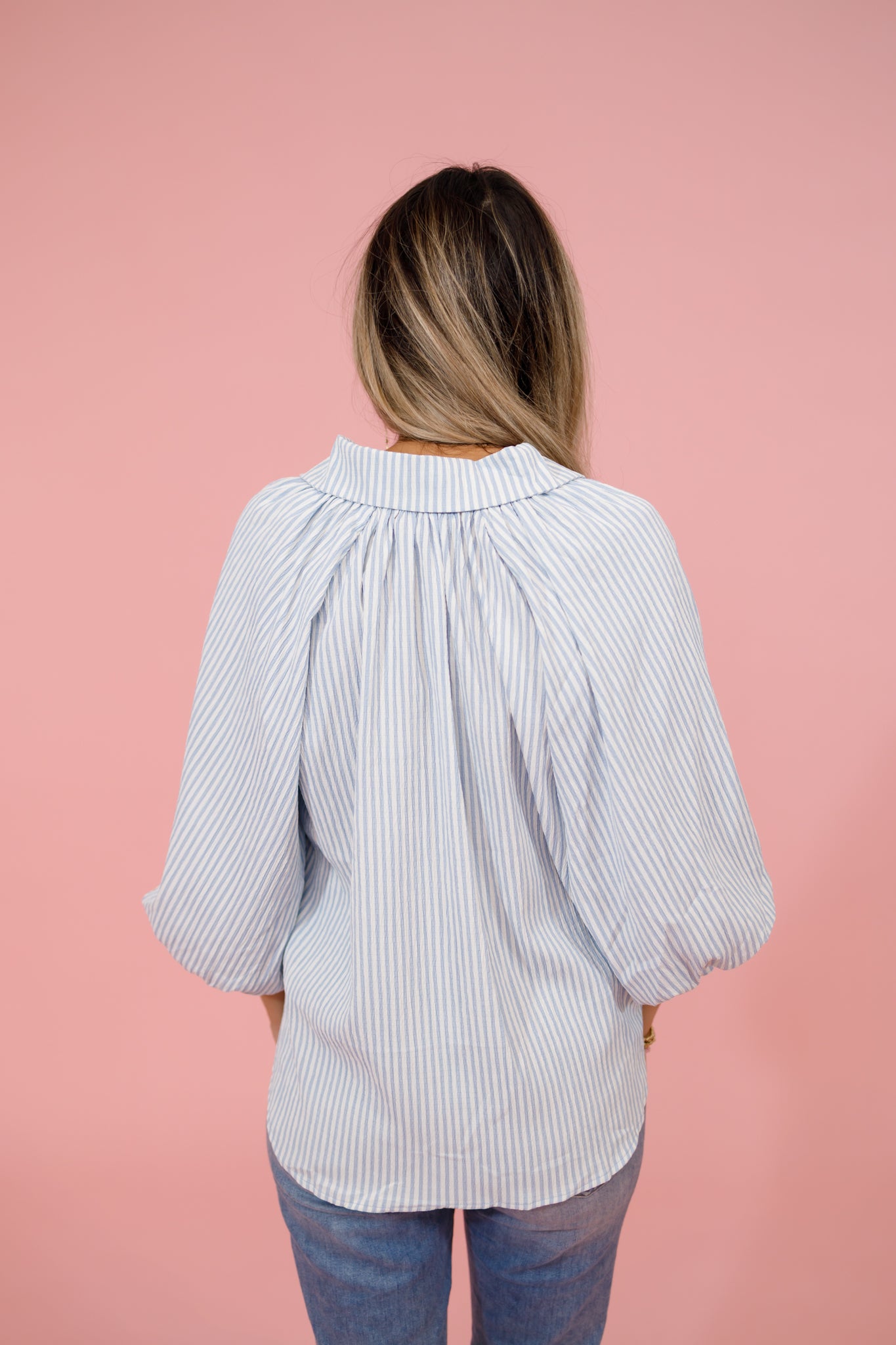 Blue Striped Balloon Sleeve Pocket Top Jaxe + Grace Boutique