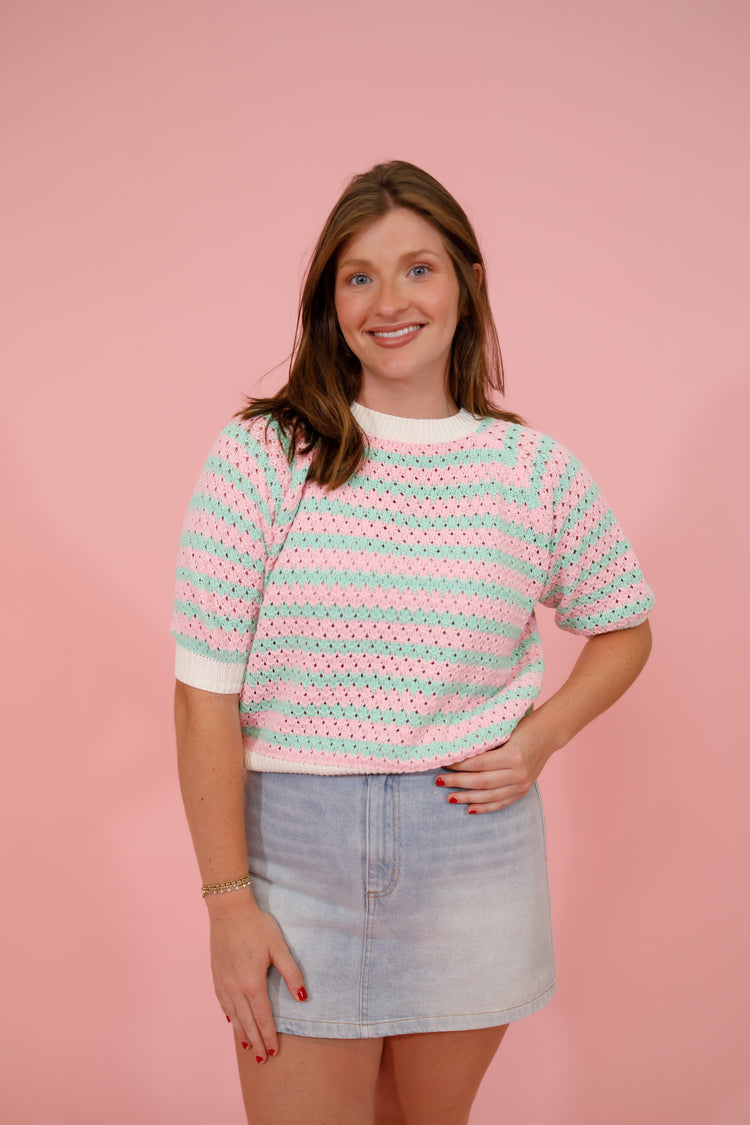 Pink and Mint Knit Stripe Top Jaxe + Grace Boutique