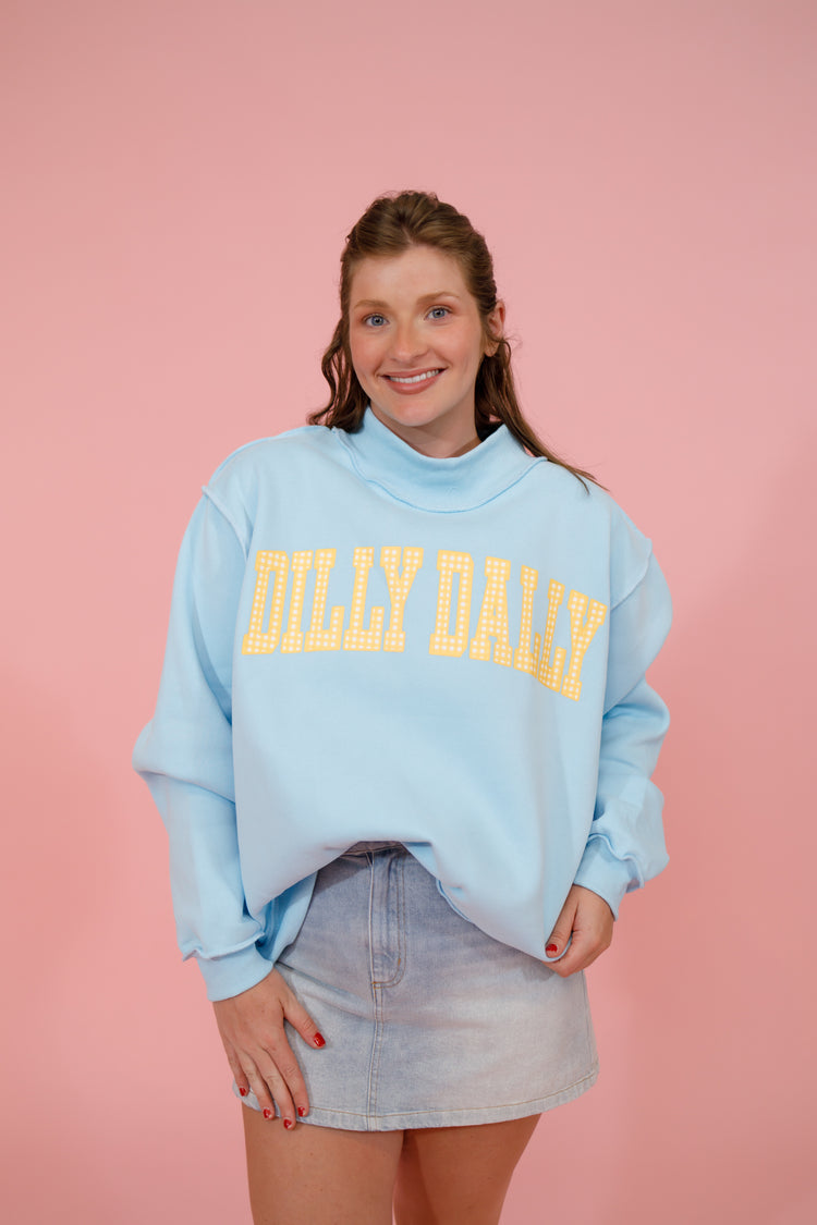 Blue "Dilly Dally" and "Lolly Gag" Reversible Mock Neck Sweatshirt Jaxe + Grace Boutique