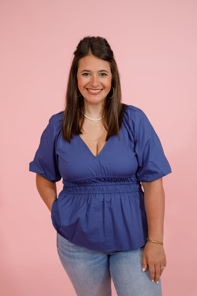 Navy Smocked Waist Puff Sleeve Top, S-2XL Jaxe + Grace Boutique