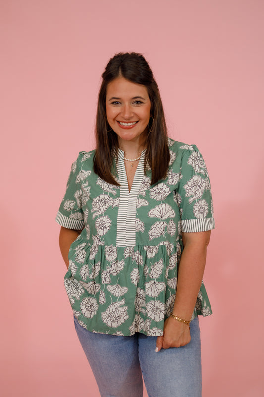Slate Green Floral Stripe Sleeve Top Jaxe + Grace Boutique