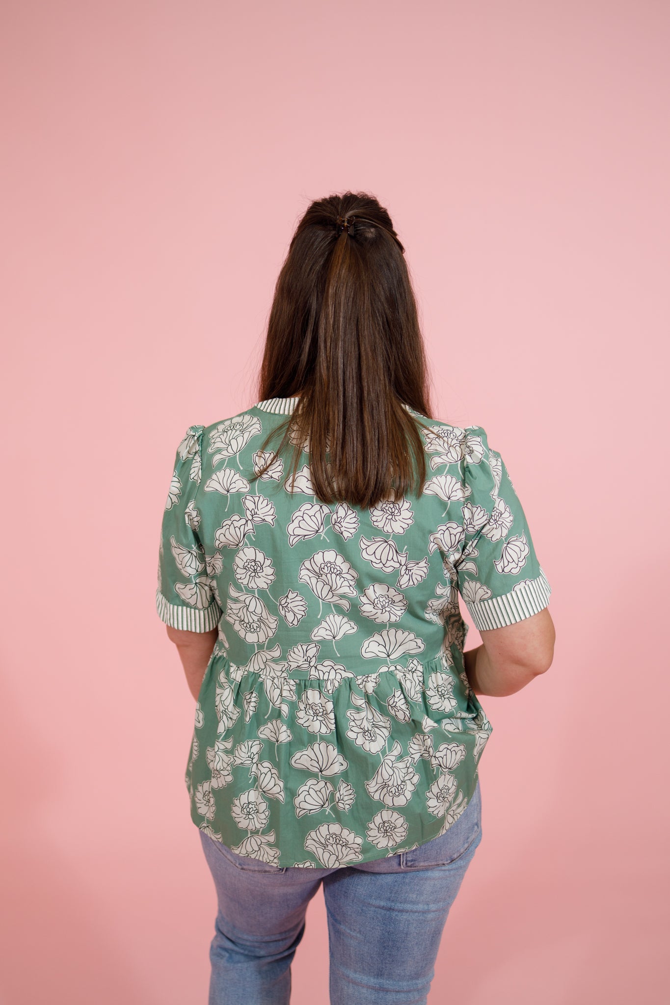 Slate Green Floral Stripe Sleeve Top Jaxe + Grace Boutique