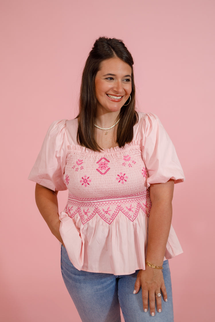 Pink Puff Sleeve Smocked Peplum Top Jaxe + Grace Boutique