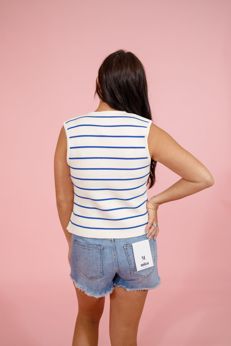 Blue Stripe Sleeveless Button Up Top Jaxe + Grace Boutique