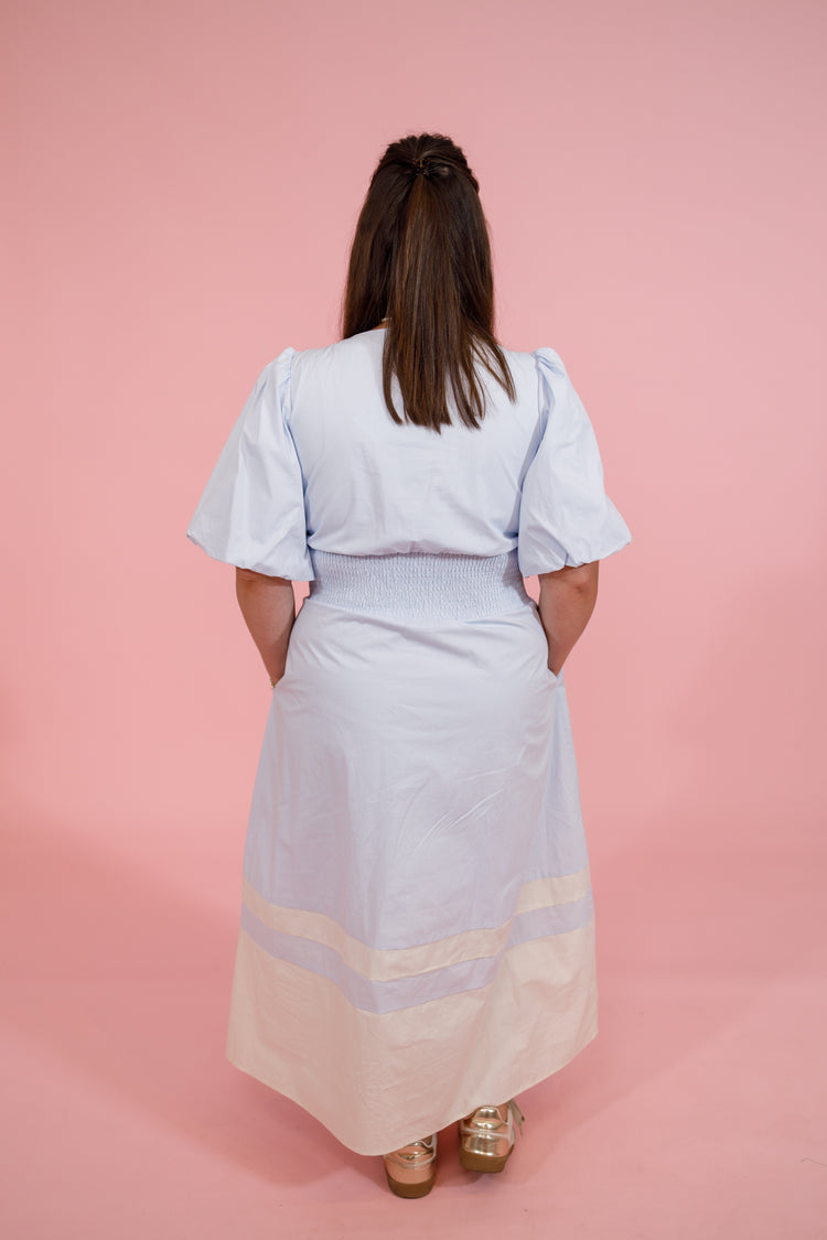 Lt. Blue Color Block Front Zip Midi Dress Jaxe + Grace Boutique