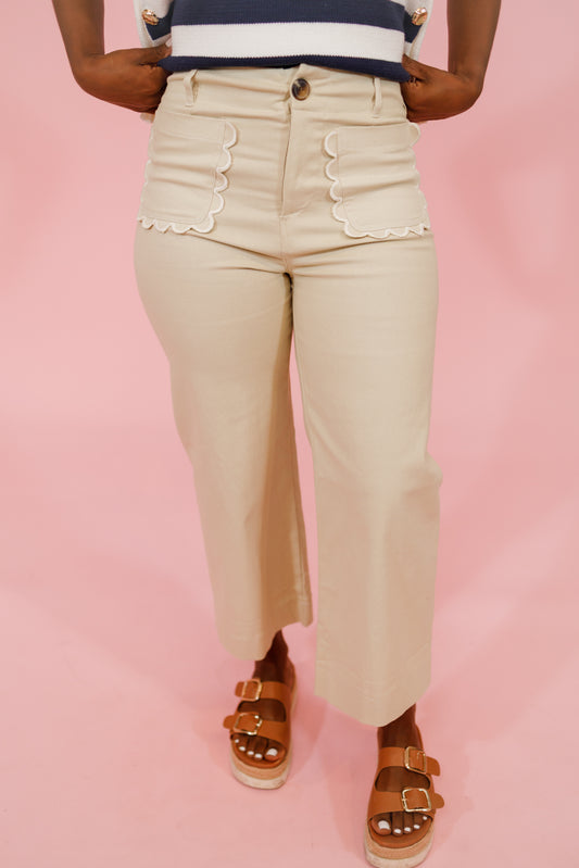 Light Beige Scallop Pocket Pants Jaxe + Grace Boutique