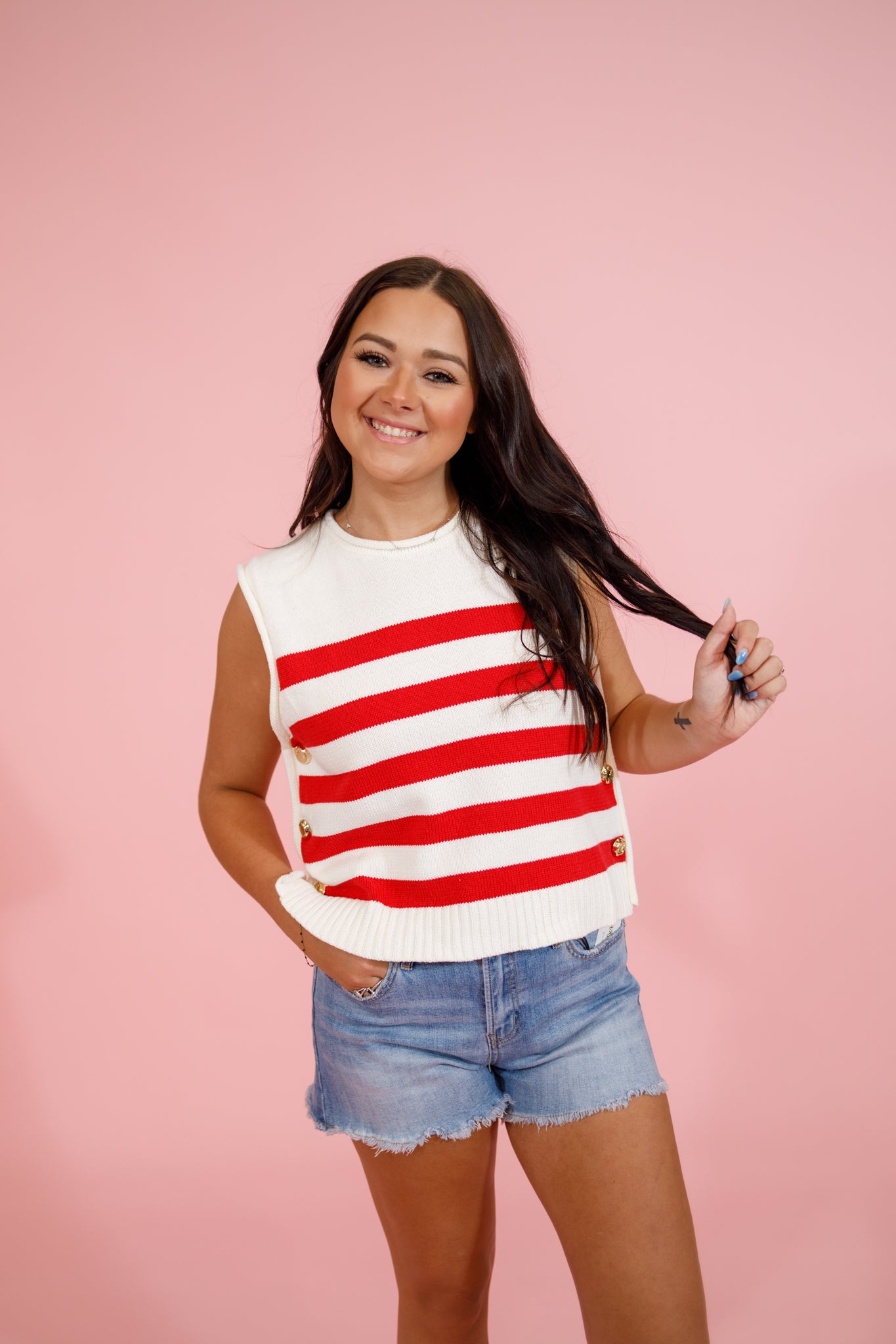 Red Stripe Gold Side Button Top Jaxe + Grace Boutique