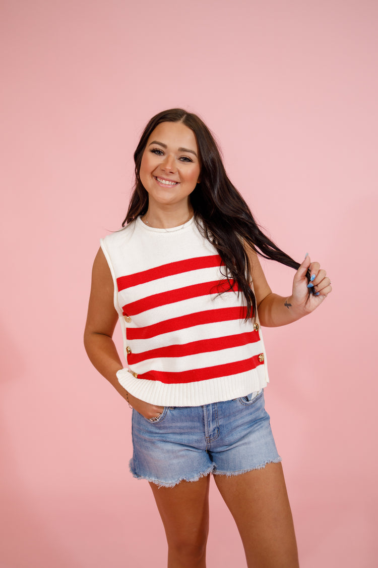 Red Stripe Gold Side Button Top Jaxe + Grace Boutique