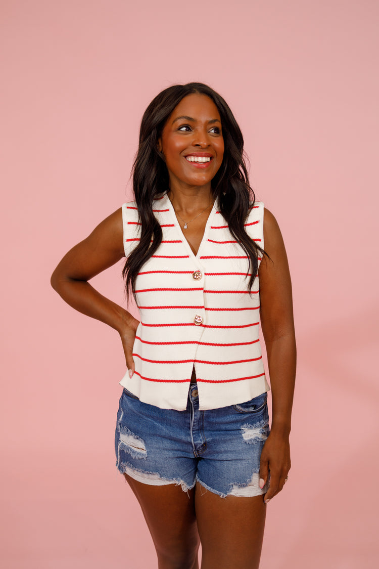 Red Stripe Sleeveless Button Up Top Jaxe + Grace Boutique