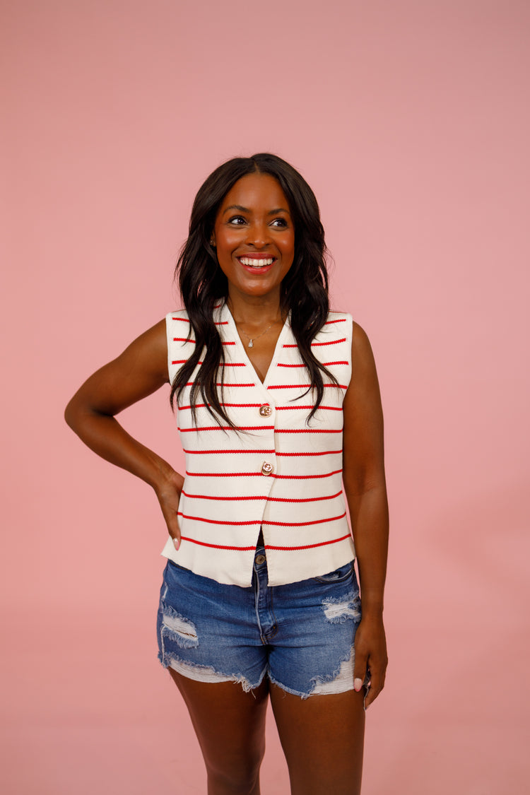 Red Stripe Sleeveless Button Up Top Jaxe + Grace Boutique