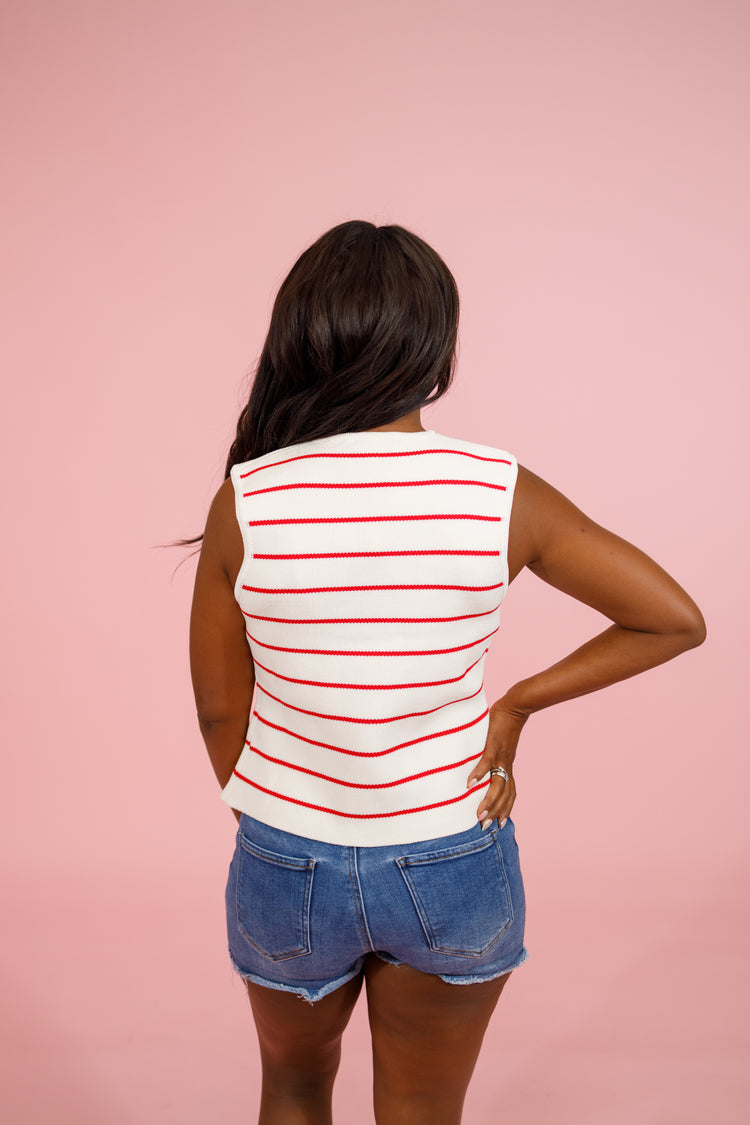 Red Stripe Sleeveless Button Up Top Jaxe + Grace Boutique