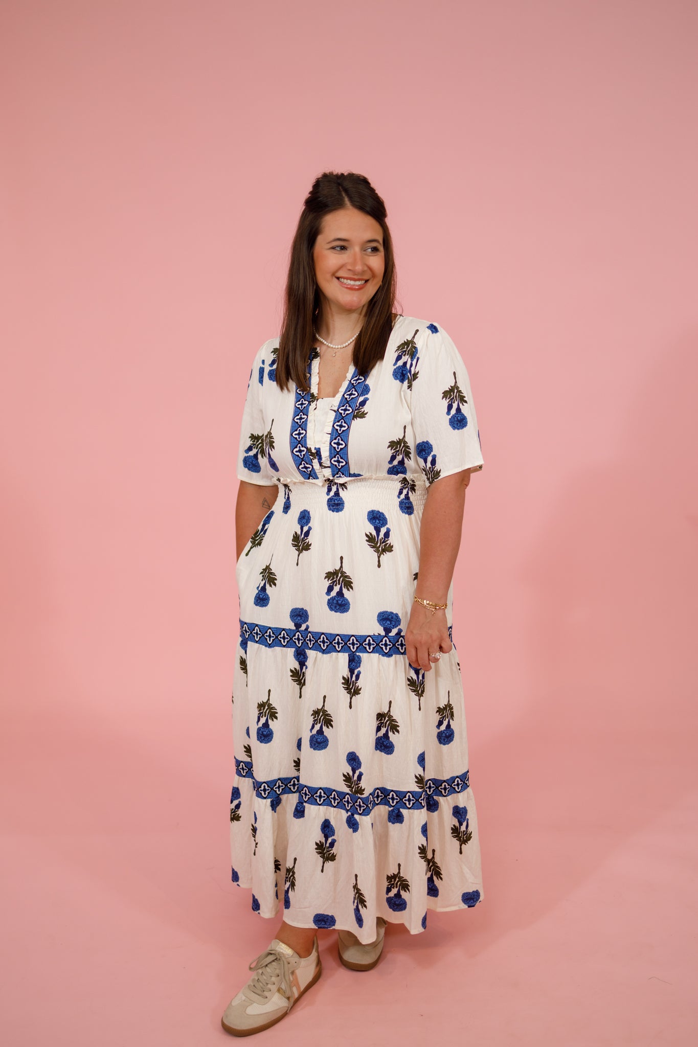 Cream and Blue Floral Tiered Midi Dress Jaxe + Grace Boutique