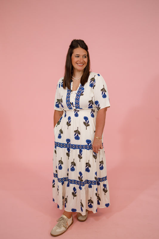 Cream and Blue Floral Tiered Midi Dress Jaxe + Grace Boutique