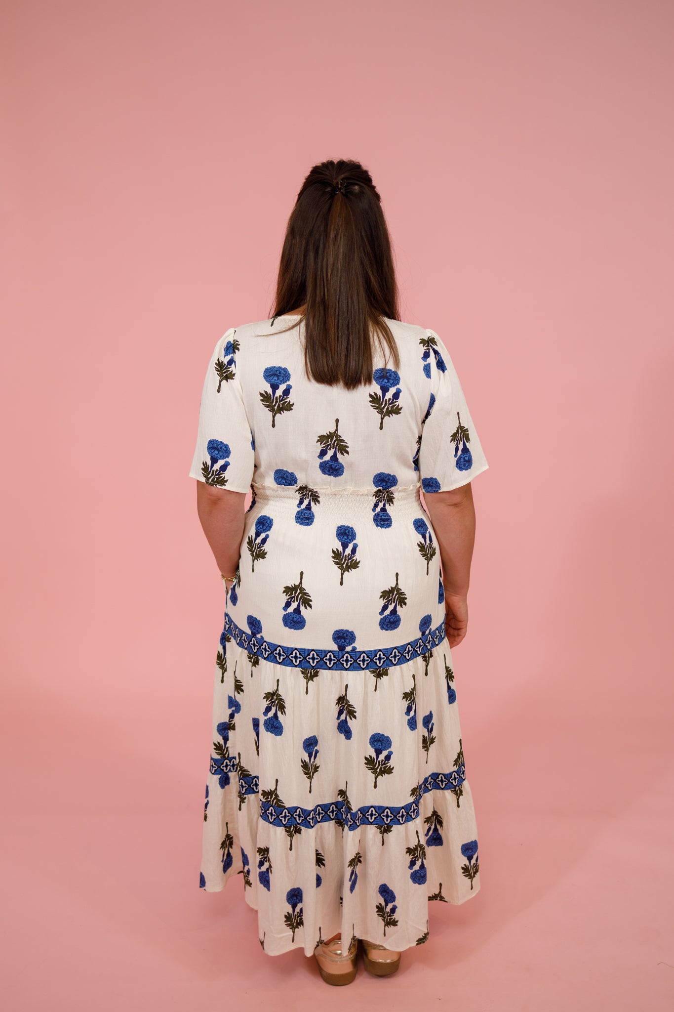 Cream and Blue Floral Tiered Midi Dress Jaxe + Grace Boutique
