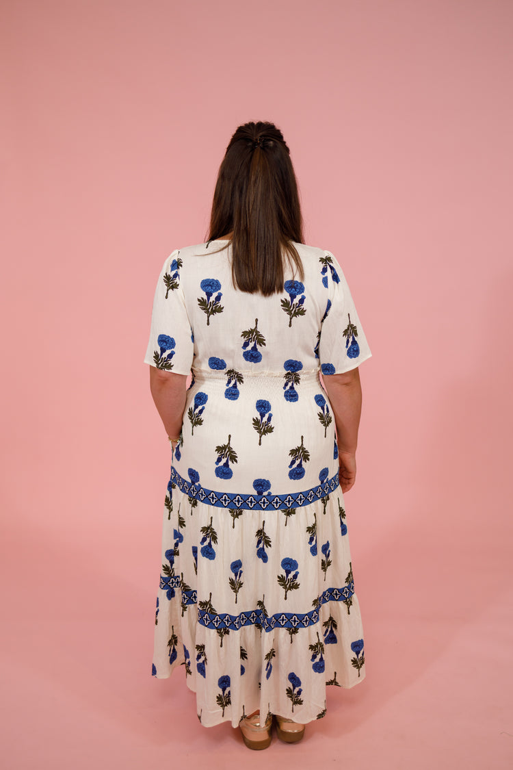 Cream and Blue Floral Tiered Midi Dress Jaxe + Grace Boutique