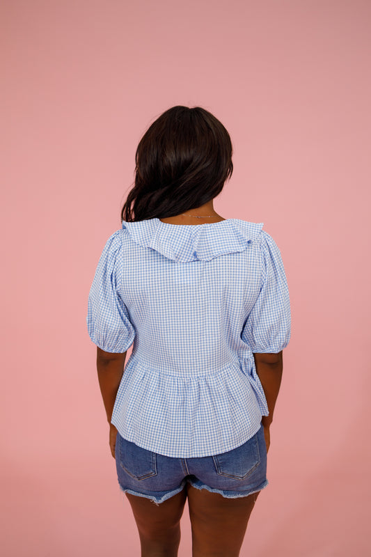 Gingham Ruffle Puff Sleeve Top, LT. BLUE Jaxe + Grace Boutique