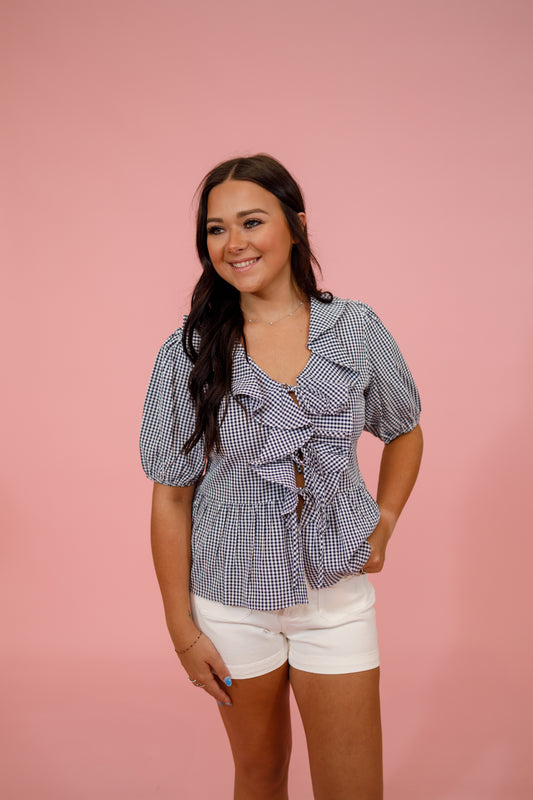 Gingham Ruffle Puff Sleeve Top, NAVY Jaxe + Grace Boutique